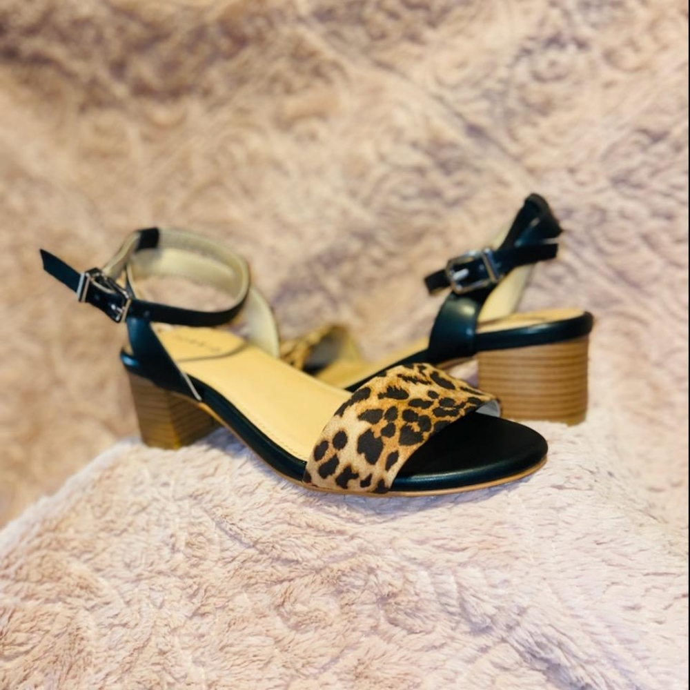 Black Faux Leather & Leopard Ankle Strap Block Heel